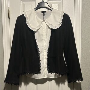 Lafayette 148 New York Womens 8 Black 100% Linen Jacket Crochet Trim Peplum Hem